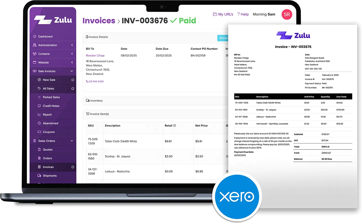 A paid Zulu invoice on a laptop, with the PDF invoice and Xero sync