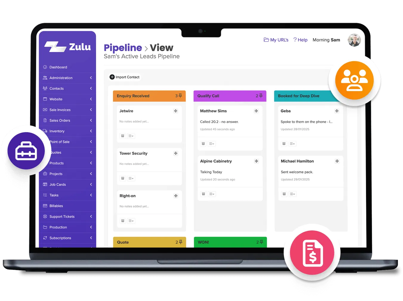 The Zulu sales pipeline board showing active leads by stage