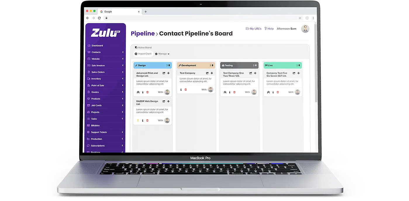 A contact pipeline board in Zulu on a MacBook