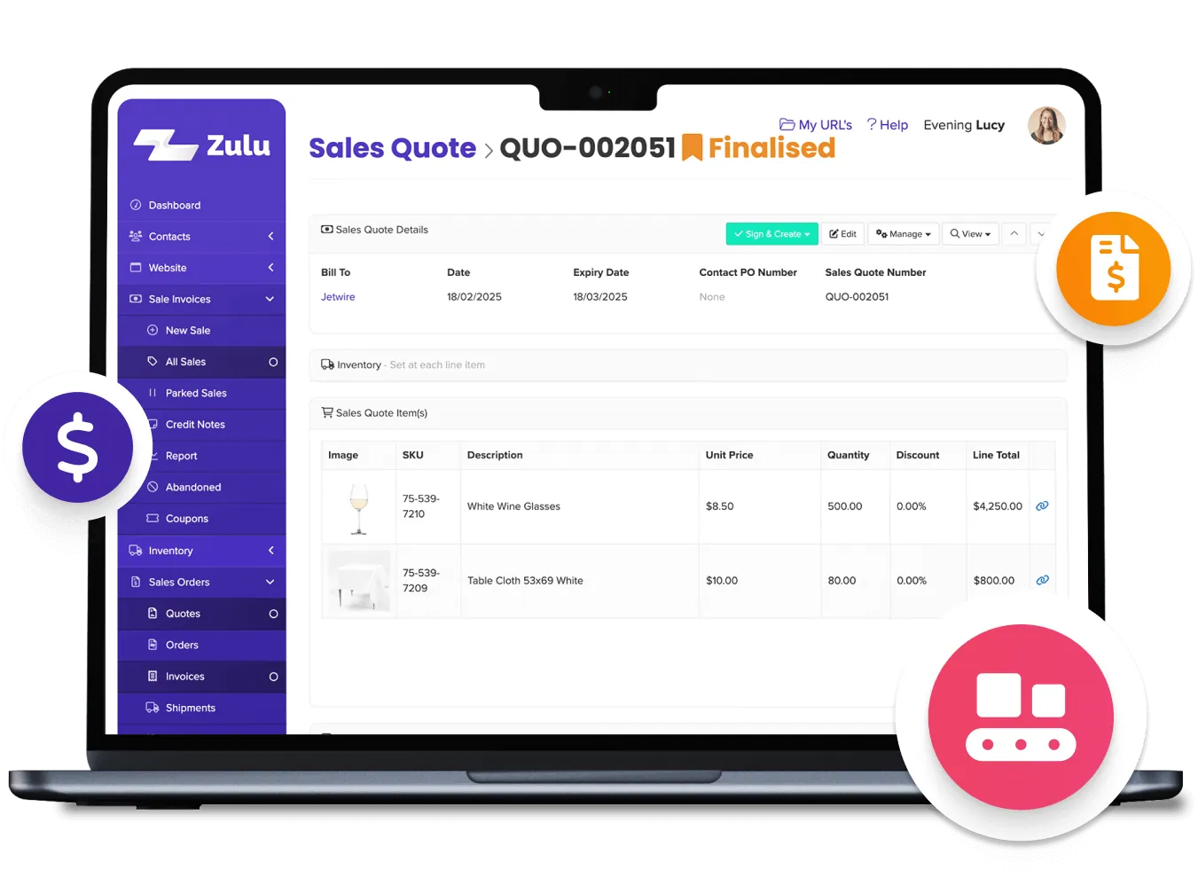 A finalised sales quote in Zulu on a laptop