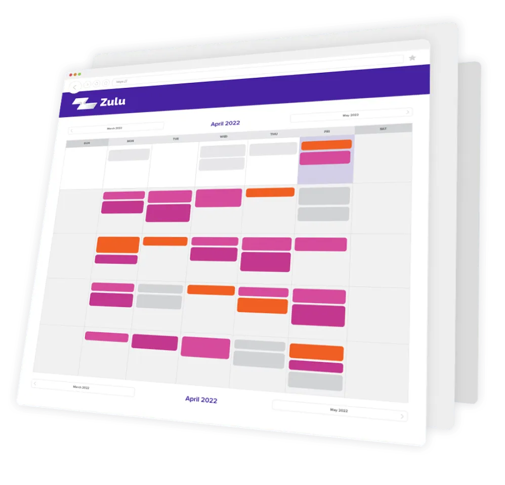 A Zulu booking calendar with colour-coded appointments