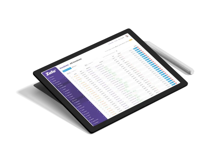The Zulu invoices list on a tablet