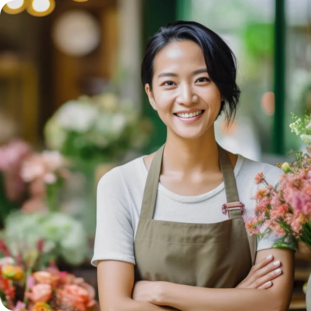 A florist smiling in her shop